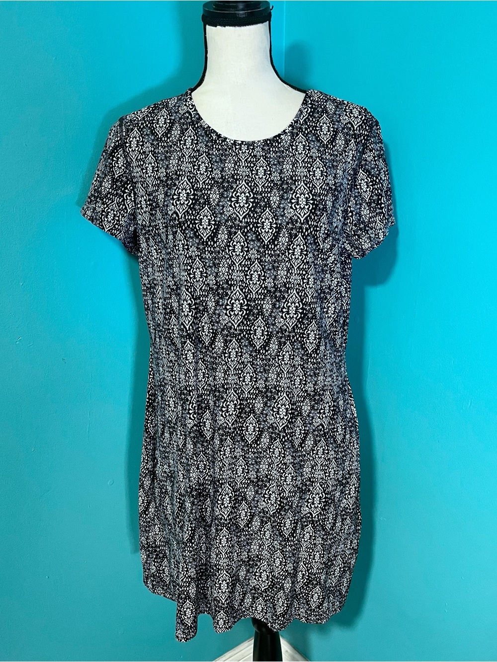 Cabana Life L Black White Short Sleeve Shift Dress Sun Protection Beach